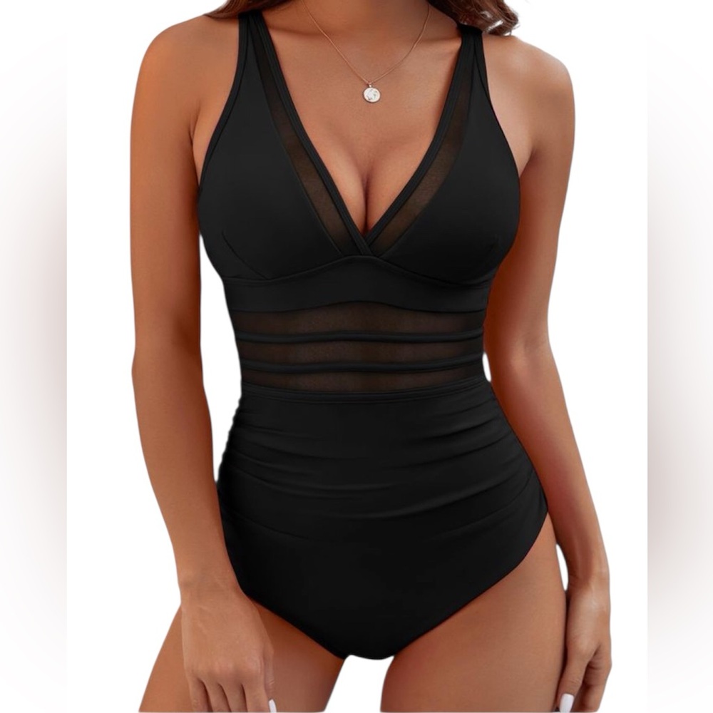 BMJL Womens Black One Piece Tummy Control V-neck Swimsuit Size: Small